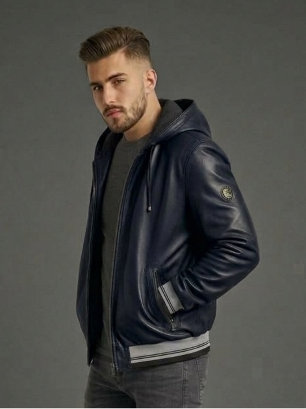 Deriderim Men's Hooded Leather Bomber Jacket in Navy size XL